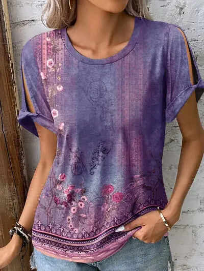 Printed Round Neck Short Sleeve T-Shirt - Nikki’s Place