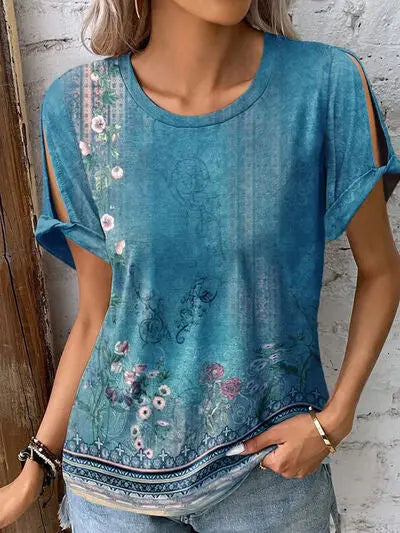 Printed Round Neck Short Sleeve T-Shirt - Nikki’s Place