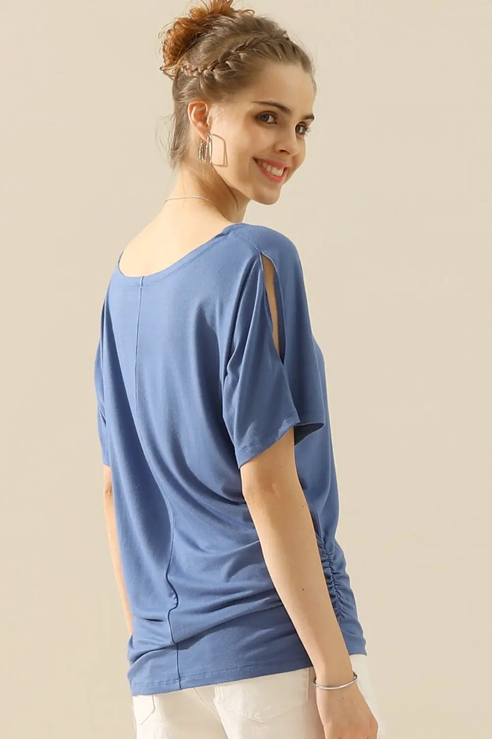 Ninexis Boat Neck Short Sleeve Ruched Side Top - Nikki’s Place