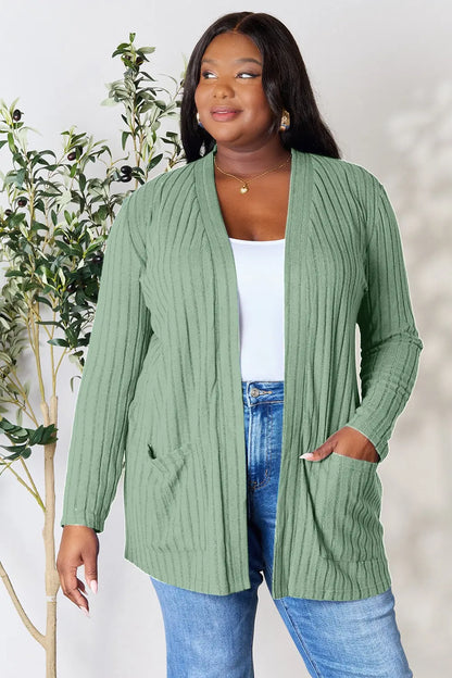 Basic Bae Full Size Ribbed Open Front Cardigan with Pockets - Nikki’s Place