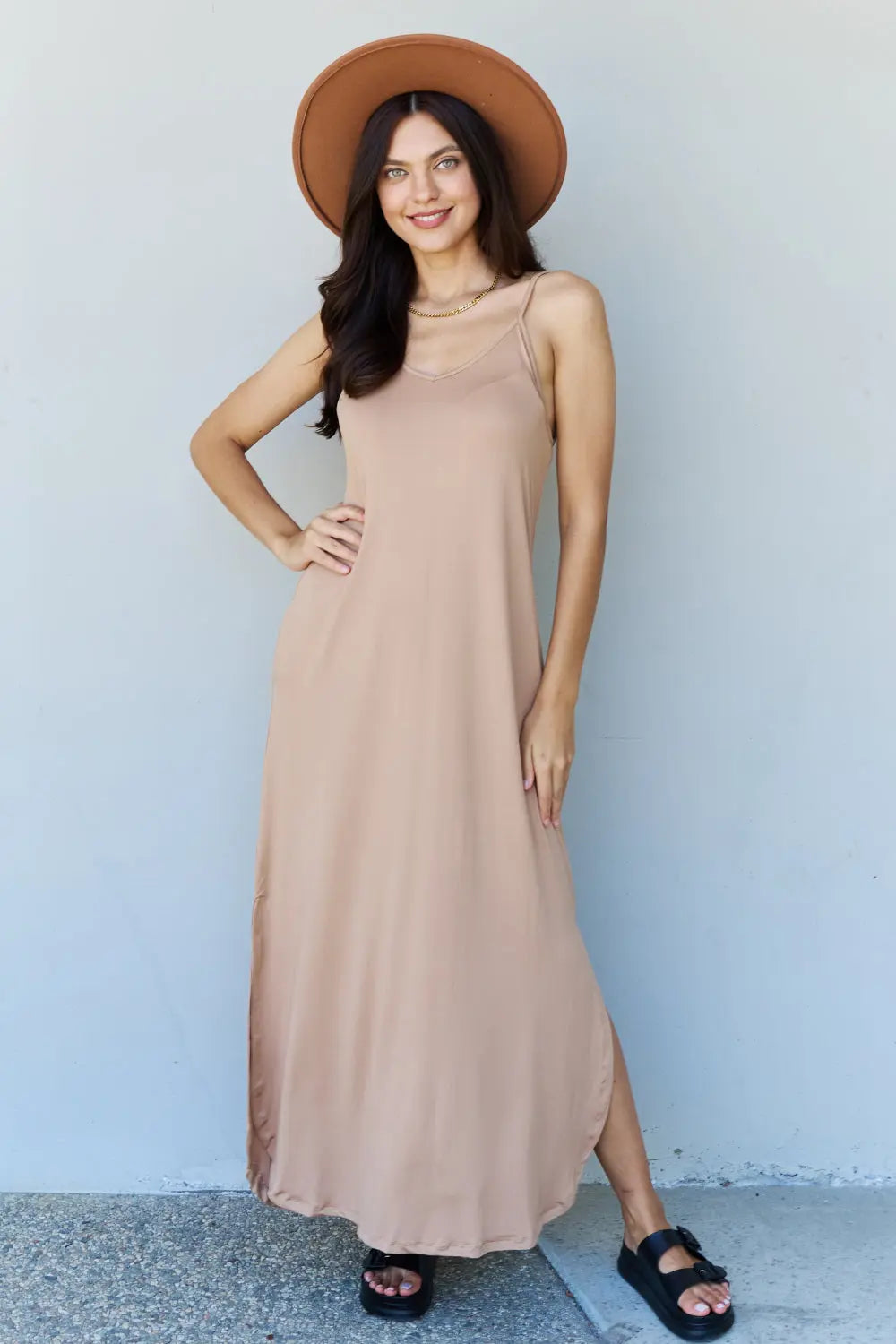 Ninexis Good Energy Full Size Cami Side Slit Maxi Dress in Camel - Nikki’s Place