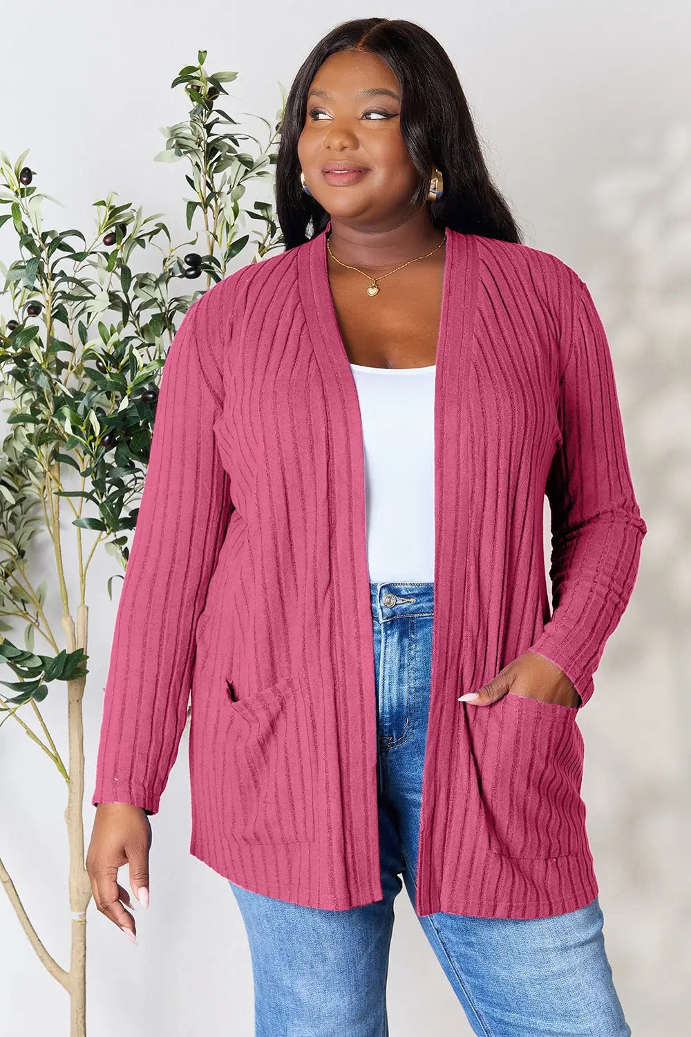 Basic Bae Full Size Ribbed Open Front Cardigan with Pockets - Nikki’s Place