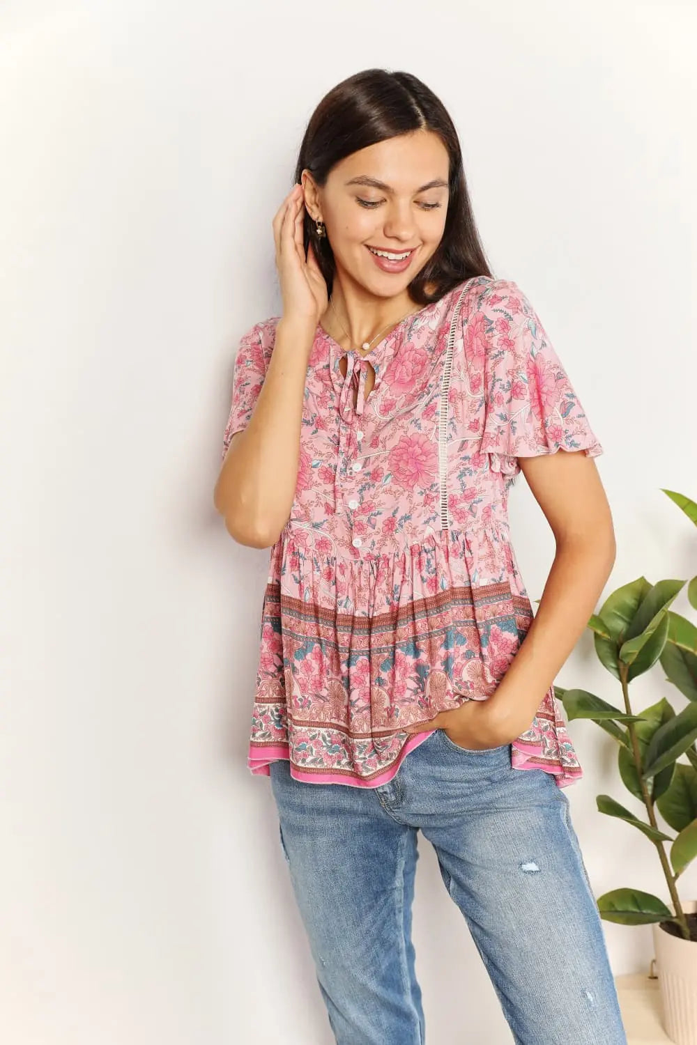 Bohemian Decorative Button Tie-Neck Peplum Blouse - Nikki’s Place