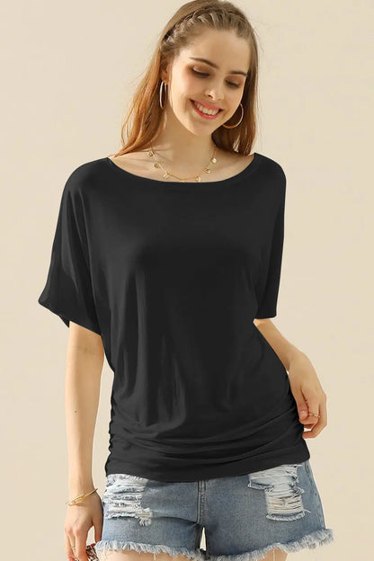 Ninexis Boat Neck Short Sleeve Ruched Side Top - Nikki’s Place