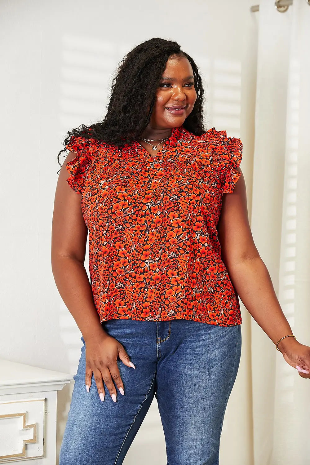 Double Take Floral Flutter Sleeve Notched Neck Blouse - Nikki’s Place