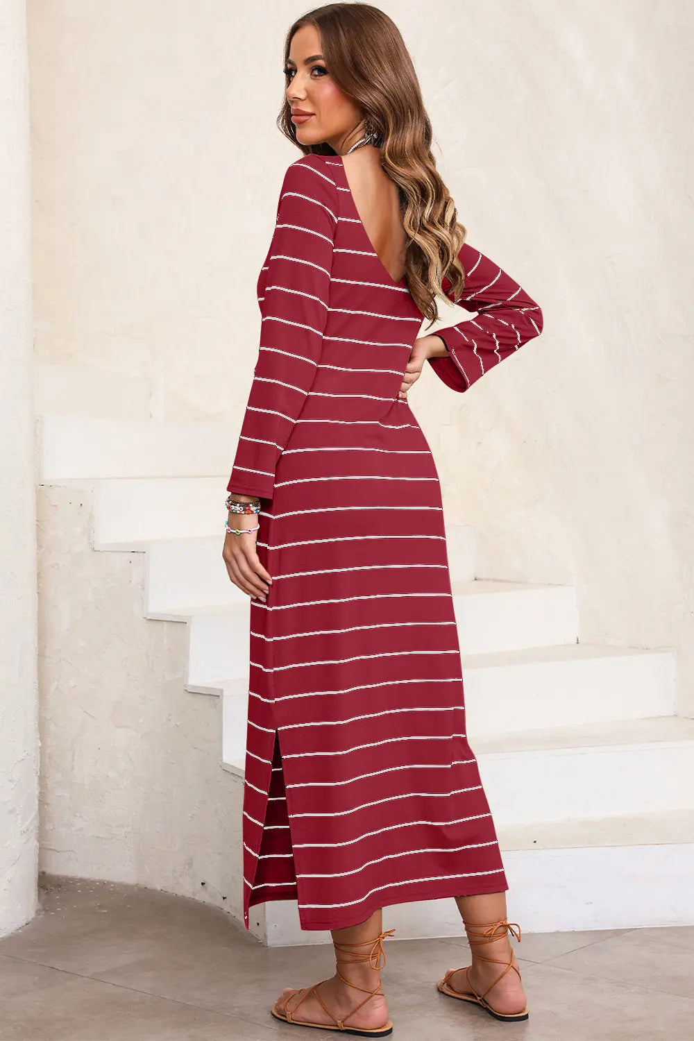 Slit Striped Round Neck Midi Dress - Nikki’s Place