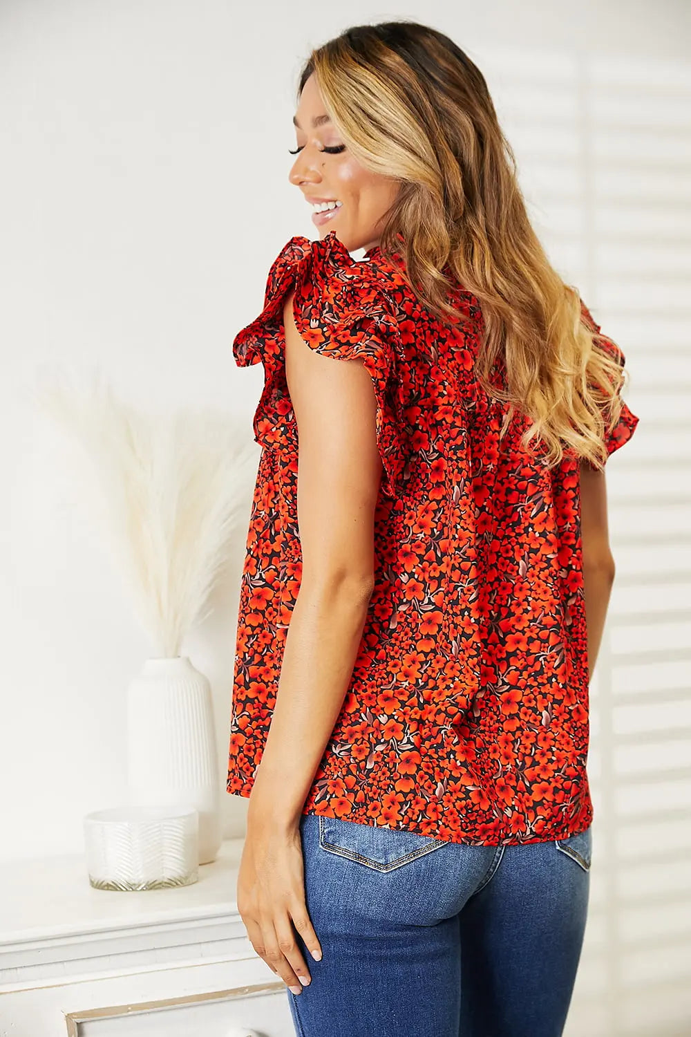 Double Take Floral Flutter Sleeve Notched Neck Blouse - Nikki’s Place