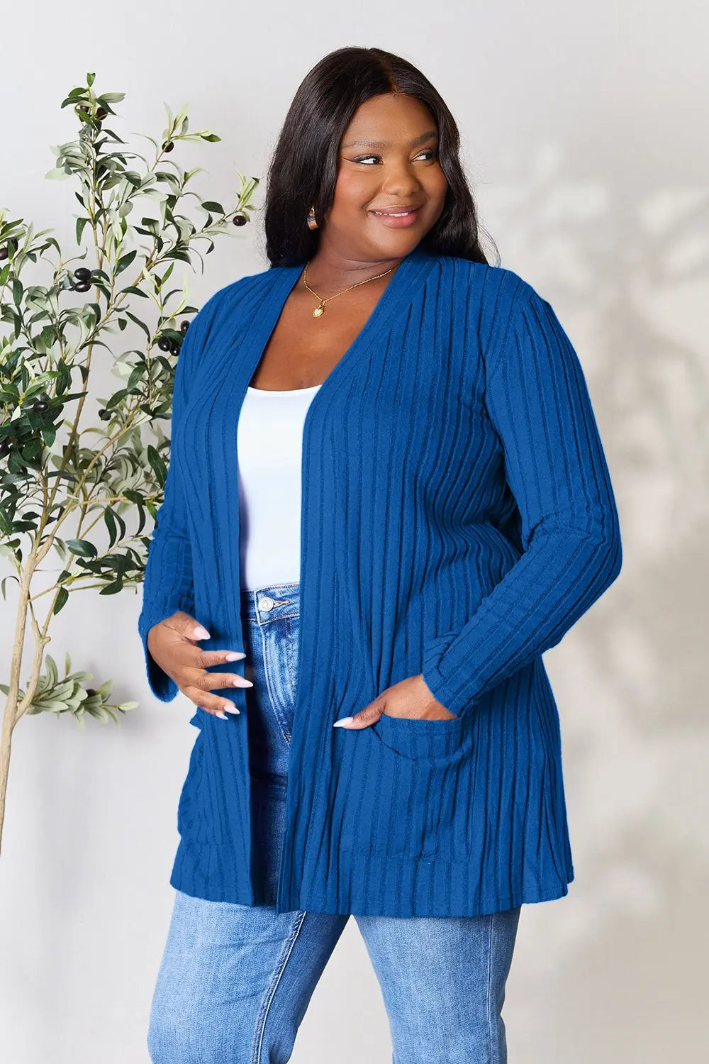 Basic Bae Full Size Ribbed Open Front Cardigan with Pockets - Nikki’s Place