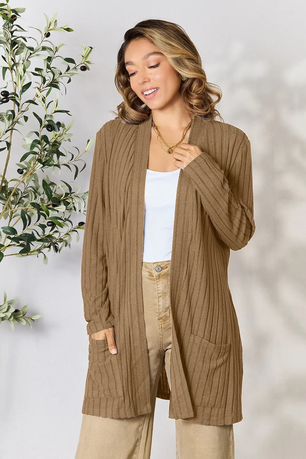 Basic Bae Full Size Ribbed Open Front Cardigan with Pockets - Nikki’s Place