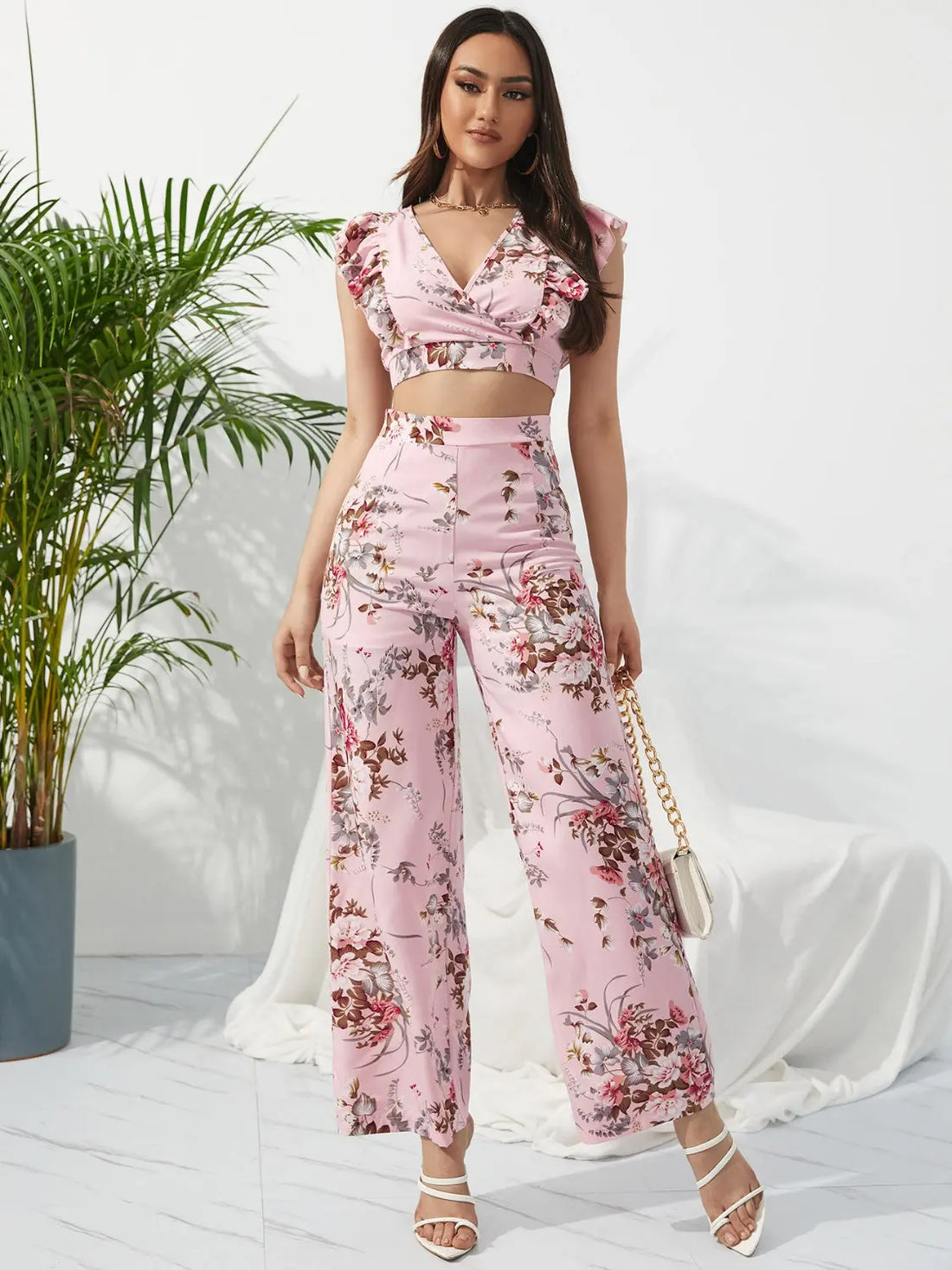 Printed Surplice Cap Sleeve Top and Pants Set - Nikki’s Place