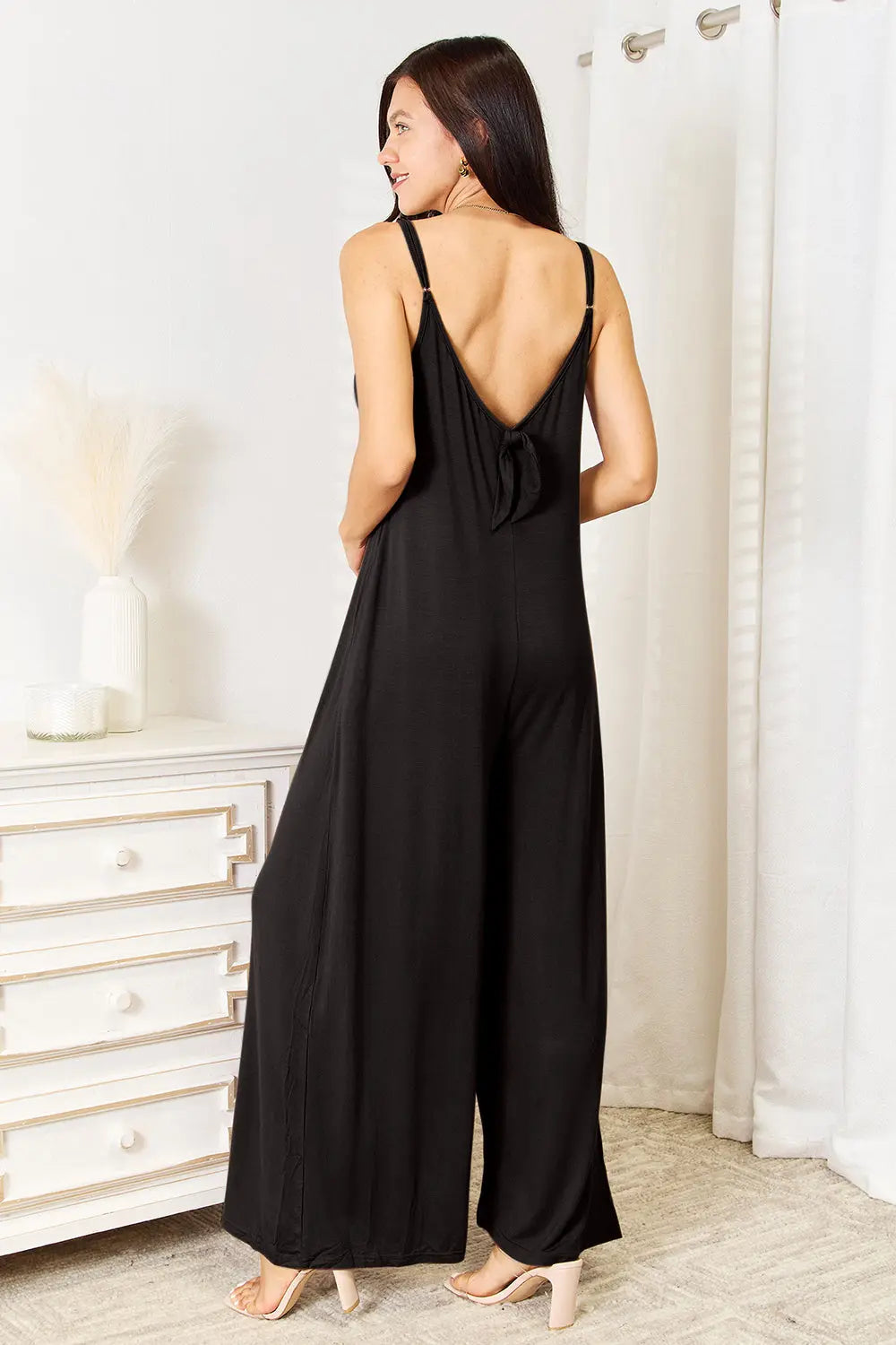 Double Take Full Size Soft Rayon Spaghetti Strap Tied Wide Leg Jumpsuit - Nikki’s Place