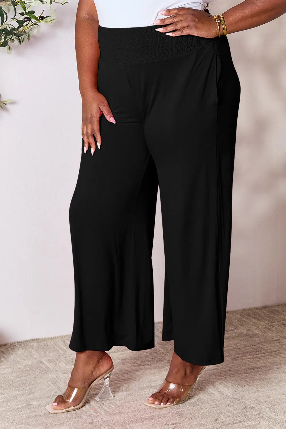 Double Take Full Size Smocked Wide Waistband Wide Leg Pants - Nikki’s Place