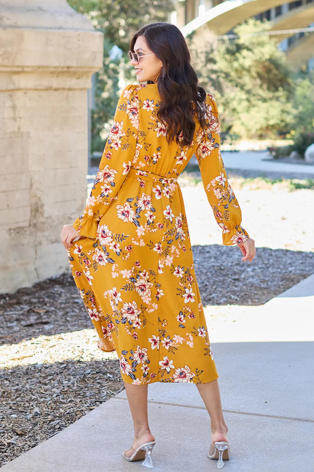 Double Take Full Size Floral Tie Back Flounce Sleeve Dress - Nikki’s Place