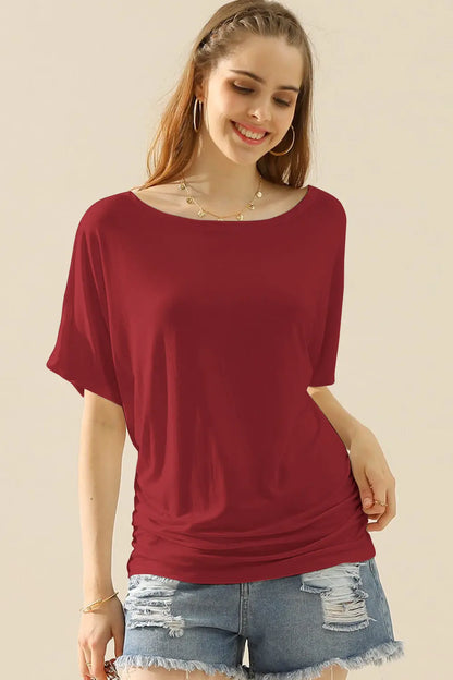 Ninexis Boat Neck Short Sleeve Ruched Side Top - Nikki’s Place