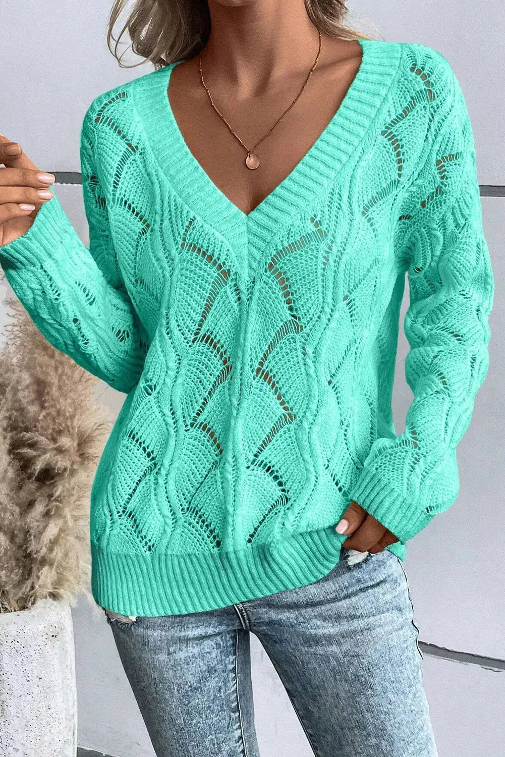 Openwork V-Neck Long Sleeve Sweater - Nikki’s Place