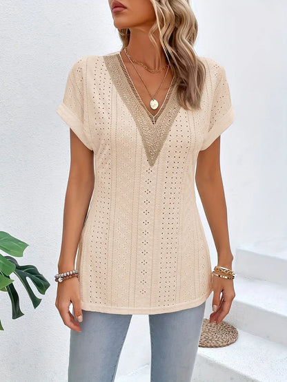 Slit Eyelet V-Neck Short Sleeve Blouse - Nikki’s Place