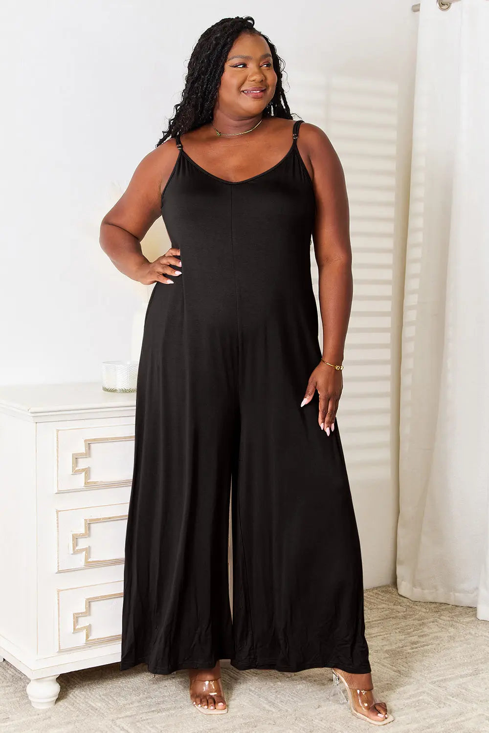 Double Take Full Size Soft Rayon Spaghetti Strap Tied Wide Leg Jumpsuit - Nikki’s Place