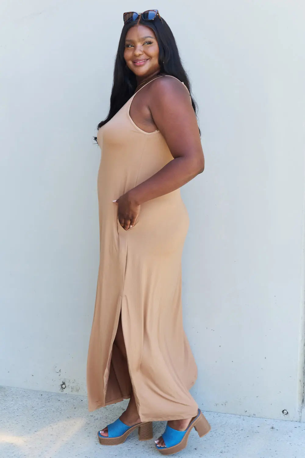 Ninexis Good Energy Full Size Cami Side Slit Maxi Dress in Camel - Nikki’s Place