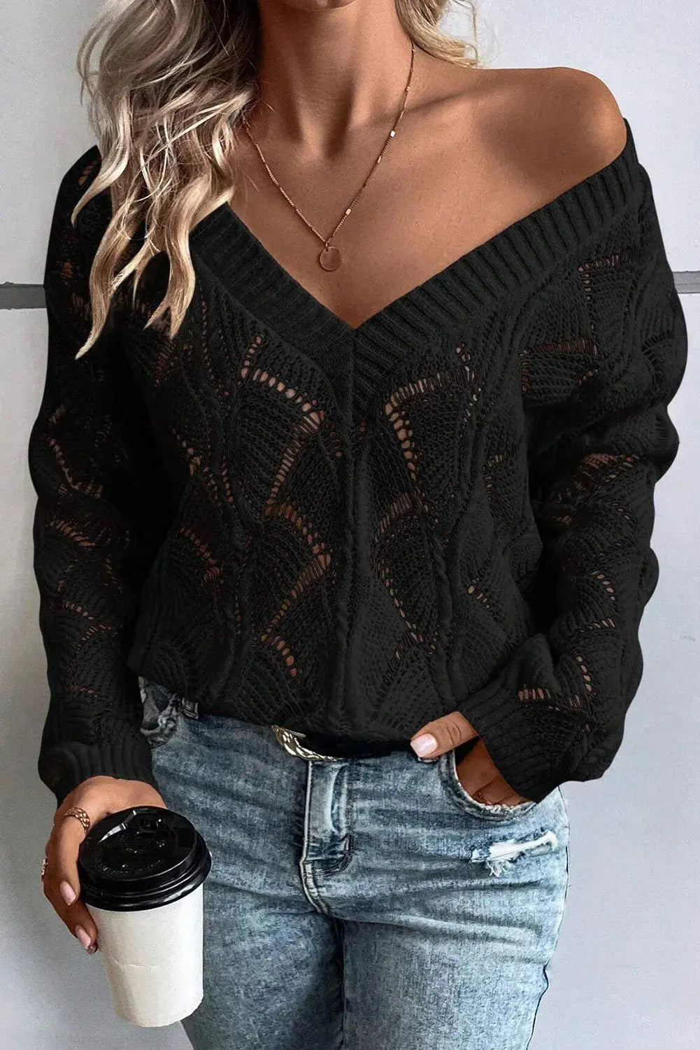 Openwork V-Neck Long Sleeve Sweater - Nikki’s Place