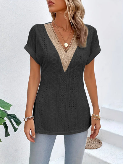 Slit Eyelet V-Neck Short Sleeve Blouse - Nikki’s Place