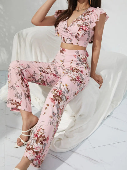 Printed Surplice Cap Sleeve Top and Pants Set - Nikki’s Place