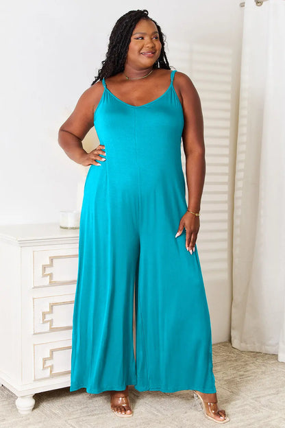 Double Take Full Size Soft Rayon Spaghetti Strap Tied Wide Leg Jumpsuit - Nikki’s Place