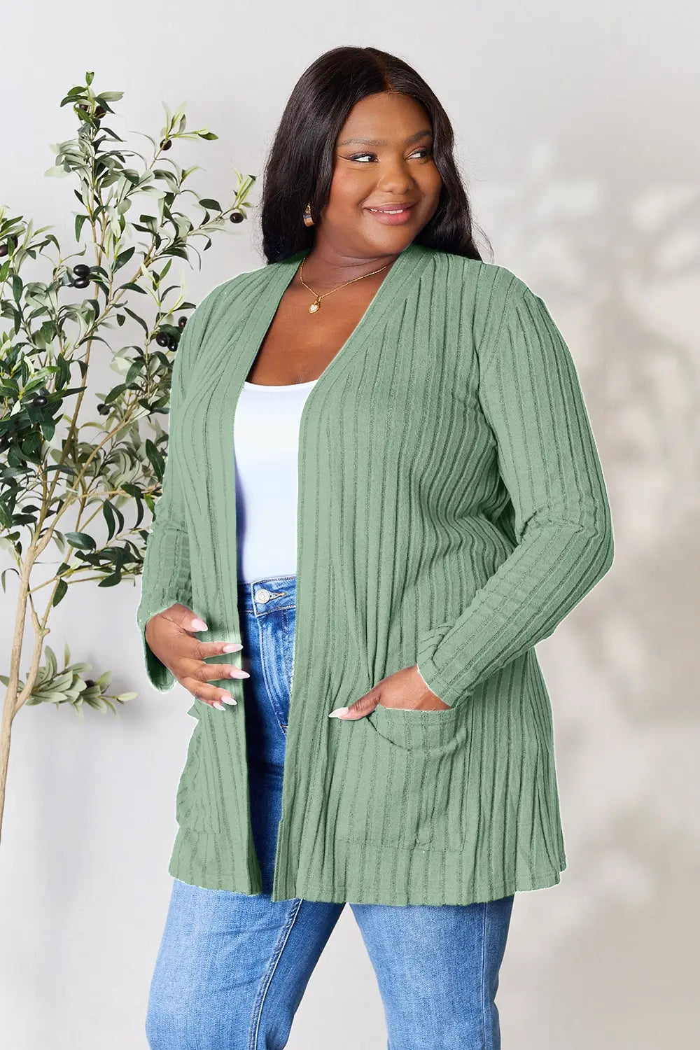 Basic Bae Full Size Ribbed Open Front Cardigan with Pockets - Nikki’s Place