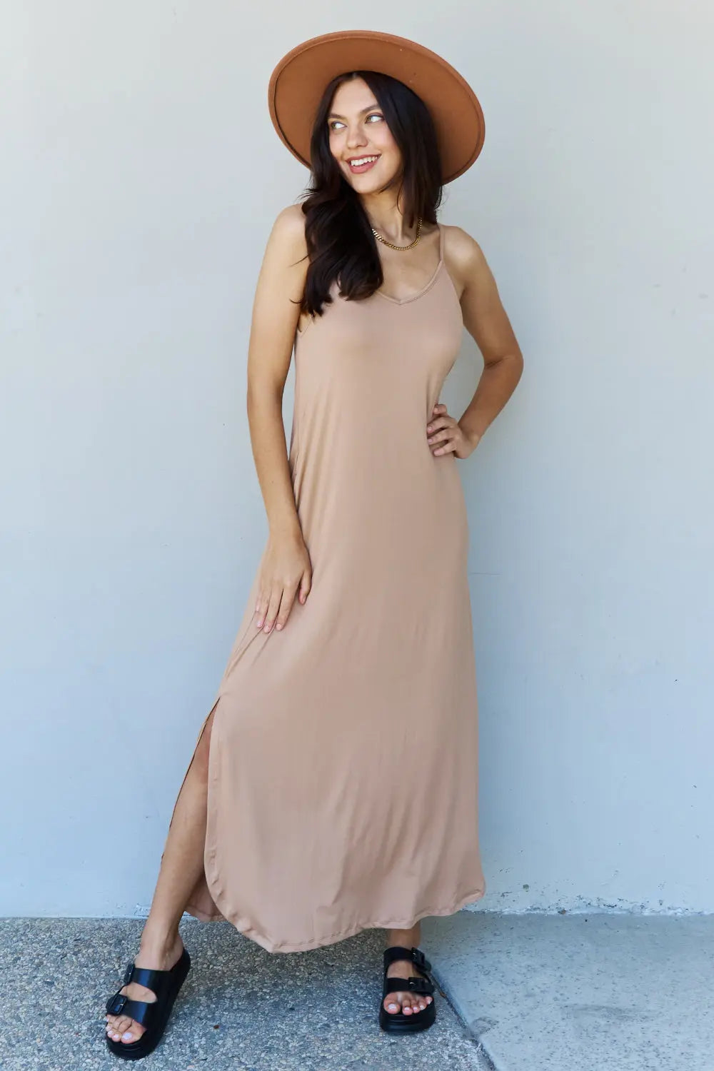 Ninexis Good Energy Full Size Cami Side Slit Maxi Dress in Camel - Nikki’s Place