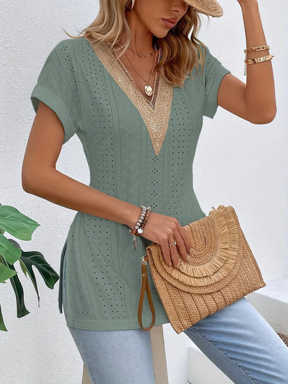 Slit Eyelet V-Neck Short Sleeve Blouse - Nikki’s Place