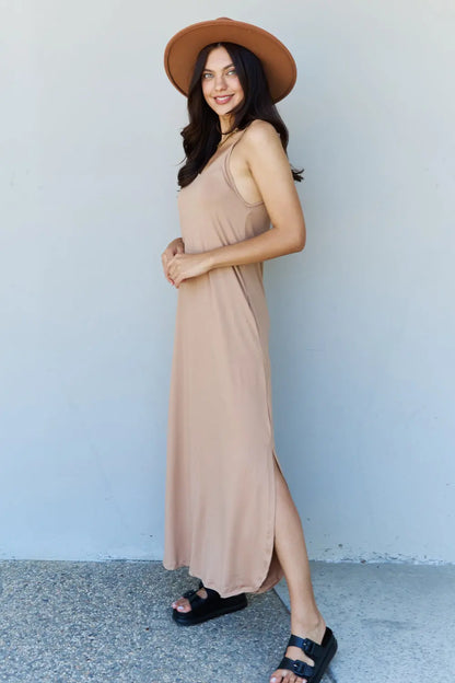 Ninexis Good Energy Full Size Cami Side Slit Maxi Dress in Camel - Nikki’s Place