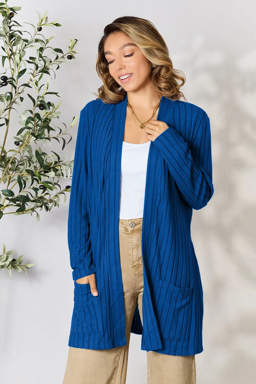 Basic Bae Full Size Ribbed Open Front Cardigan with Pockets - Nikki’s Place