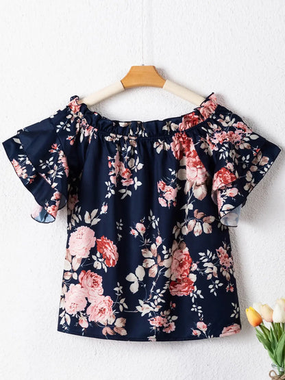 Printed Off-Shoulder Flounce Sleeve Blouse - Nikki’s Place