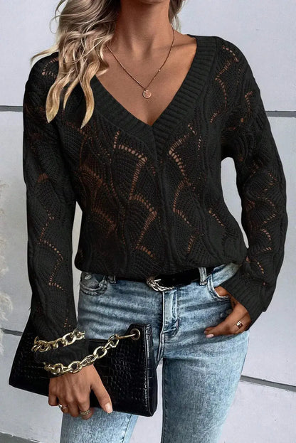 Openwork V-Neck Long Sleeve Sweater - Nikki’s Place