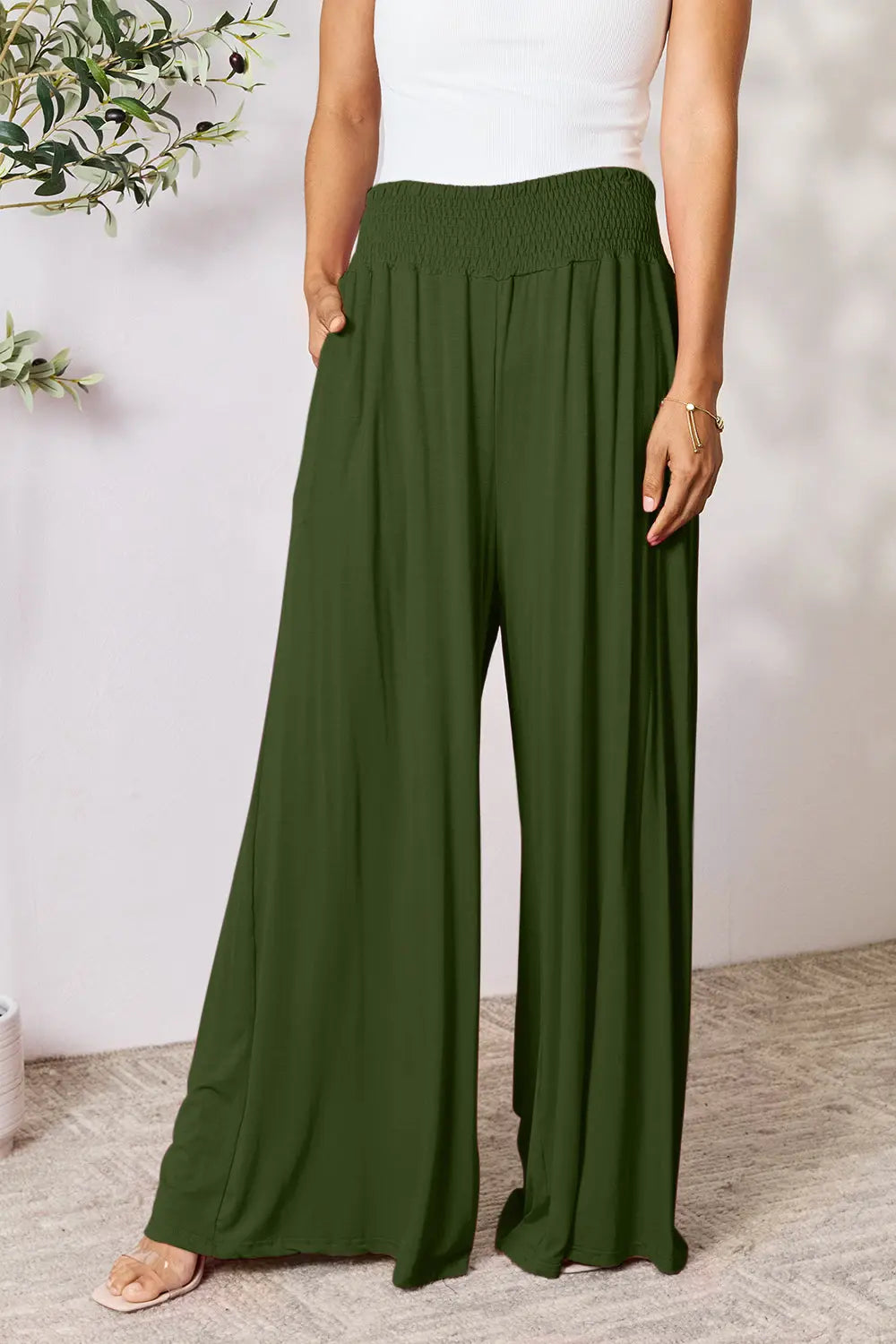 Double Take Full Size Smocked Wide Waistband Wide Leg Pants - Nikki’s Place