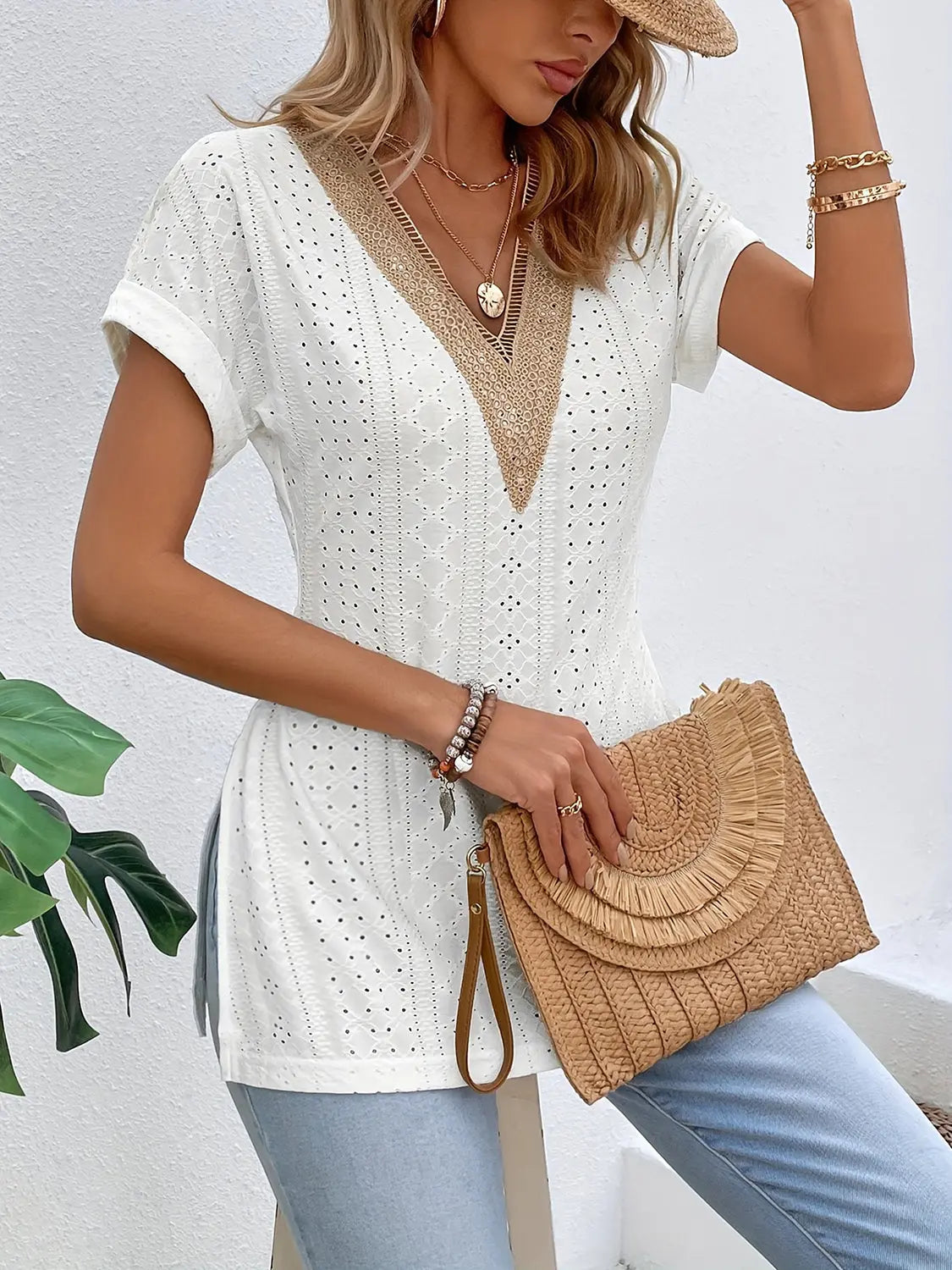 Slit Eyelet V-Neck Short Sleeve Blouse - Nikki’s Place