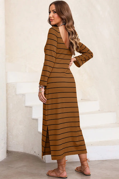 Slit Striped Round Neck Midi Dress - Nikki’s Place