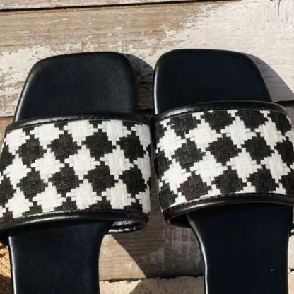 Plaid Open Toe Flat Sandals - Nikki’s Place