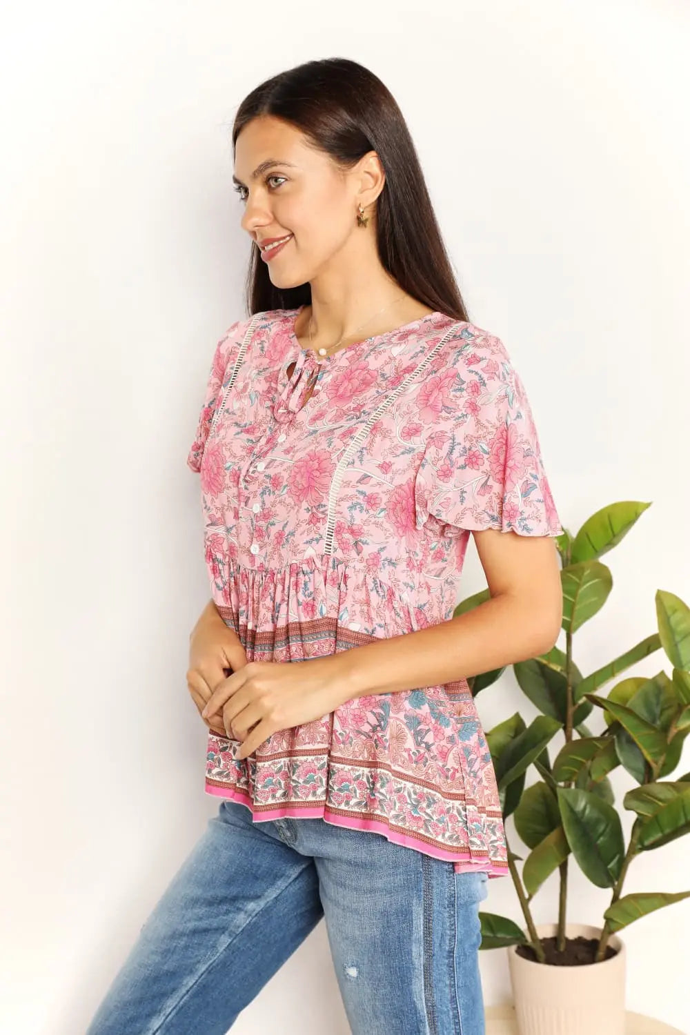 Bohemian Decorative Button Tie-Neck Peplum Blouse - Nikki’s Place