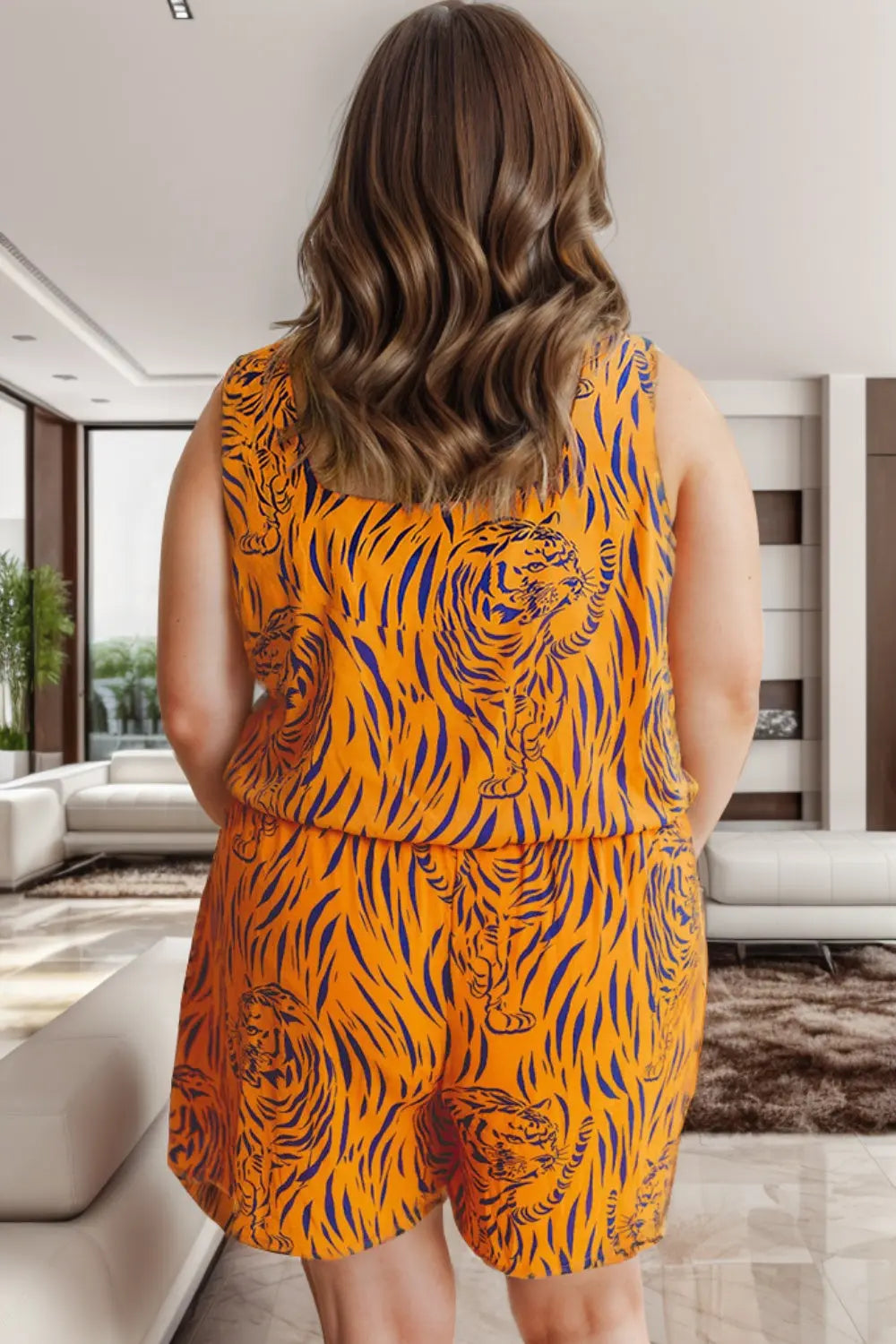 Plus Size Tiger Printed V-Neck Sleeveless Romper - Nikki’s Place