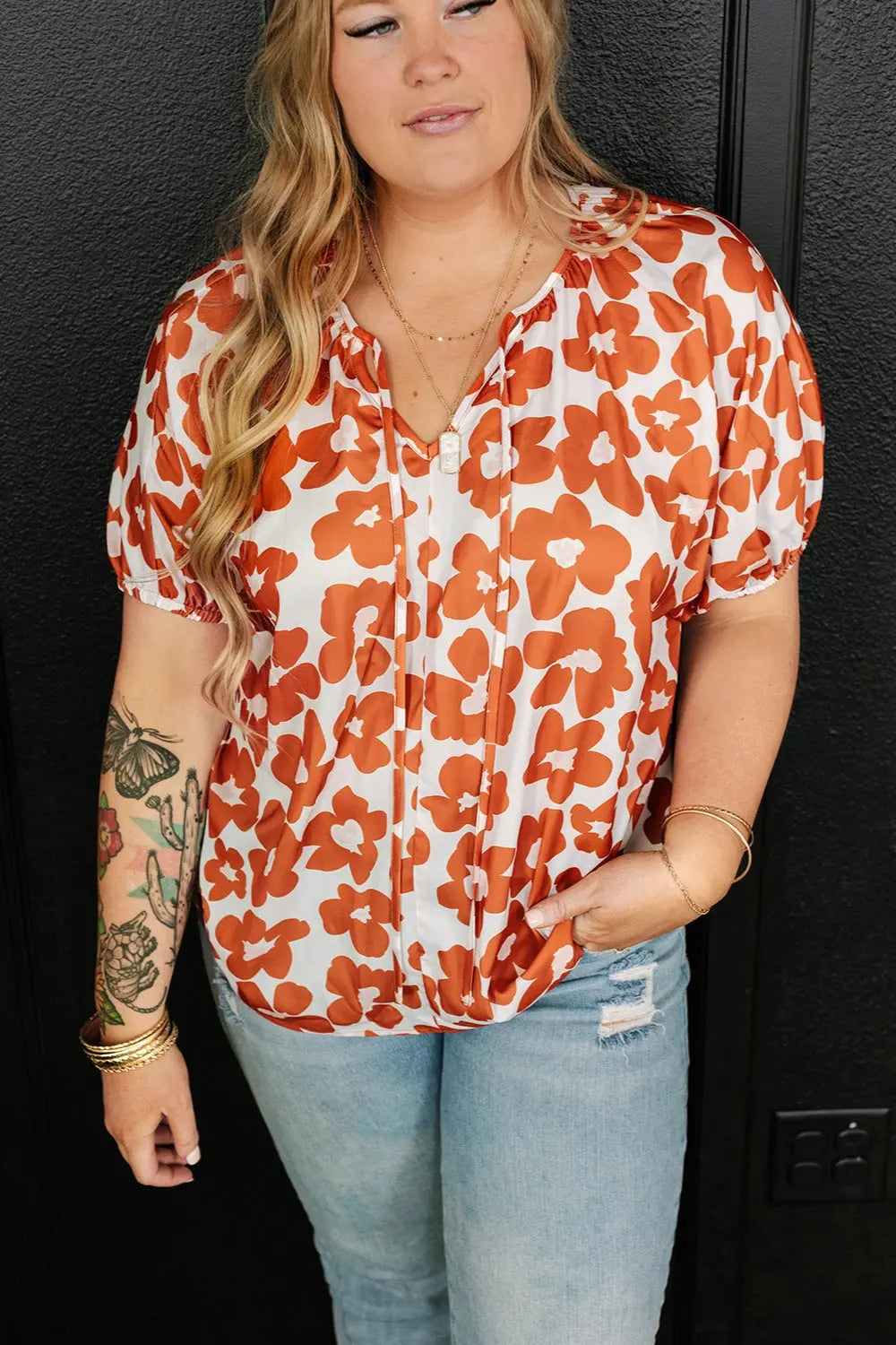 Plus Size Printed Tie Neck Short Sleeve Blouse - Nikki’s Place