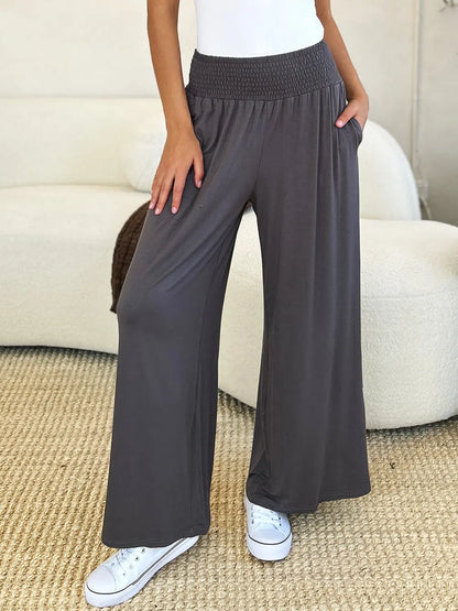 Double Take Full Size Smocked Wide Waistband Wide Leg Pants - Nikki’s Place