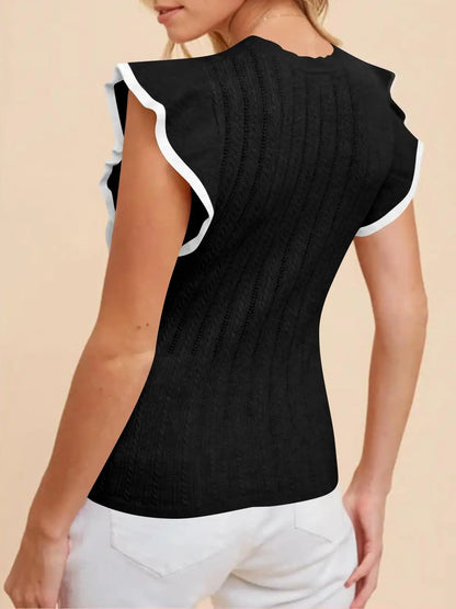 Ruffled Round Neck Cap Sleeve Knit Top - Nikki’s Place