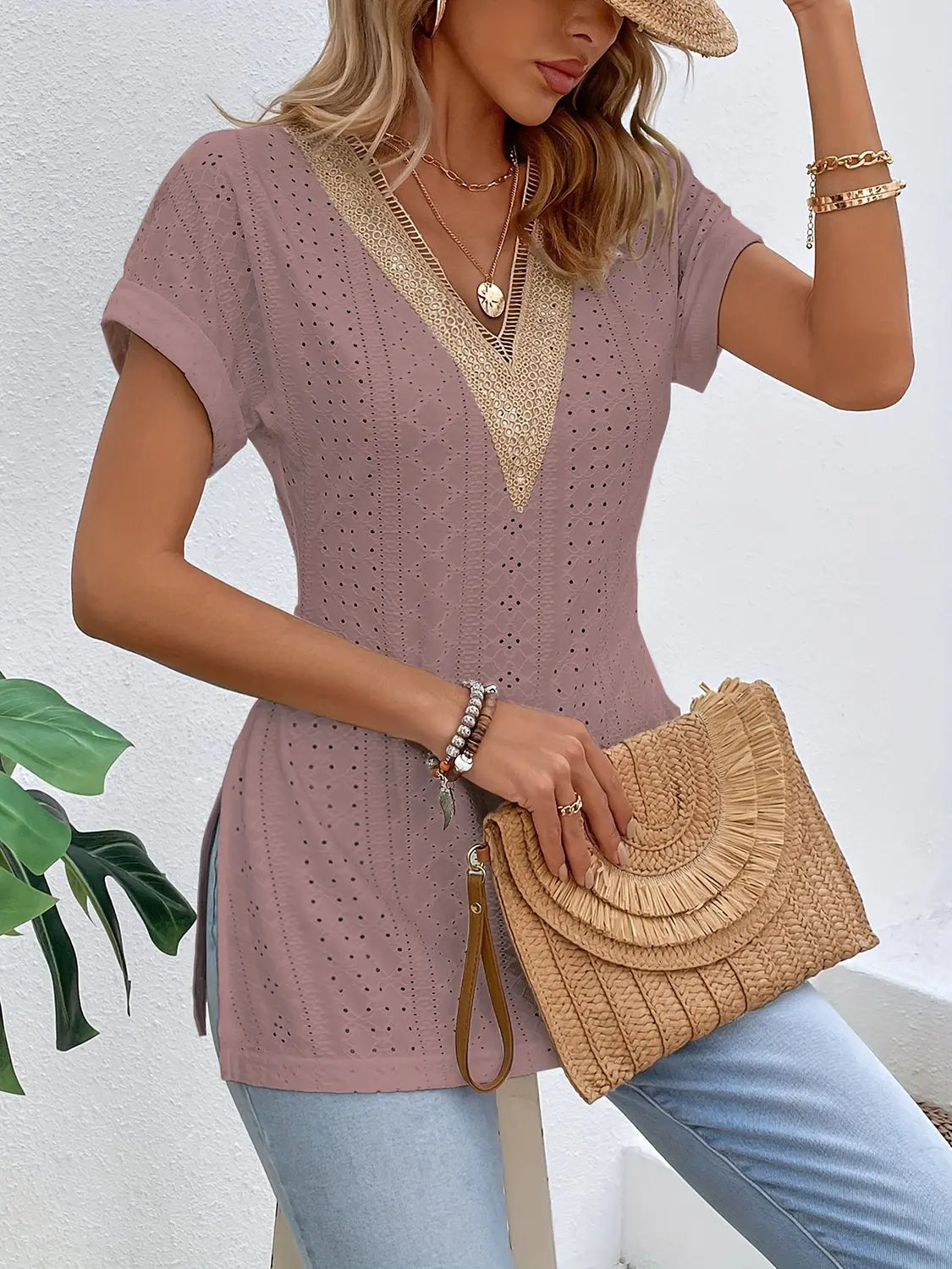 Slit Eyelet V-Neck Short Sleeve Blouse - Nikki’s Place