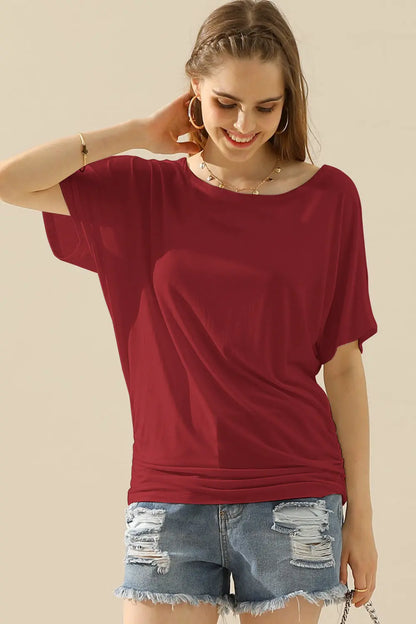 Ninexis Boat Neck Short Sleeve Ruched Side Top - Nikki’s Place