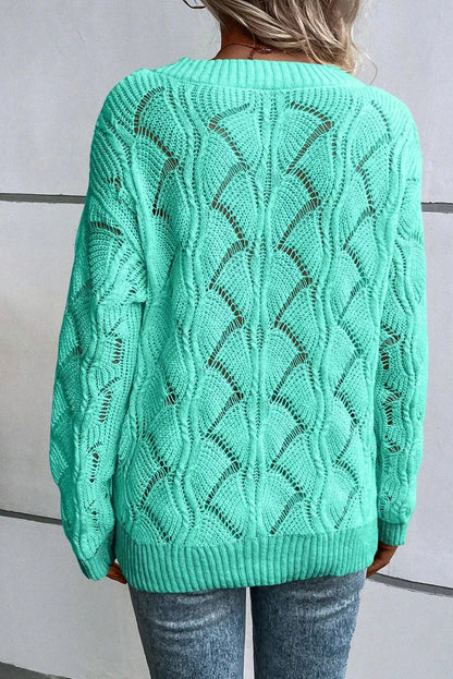 Openwork V-Neck Long Sleeve Sweater - Nikki’s Place