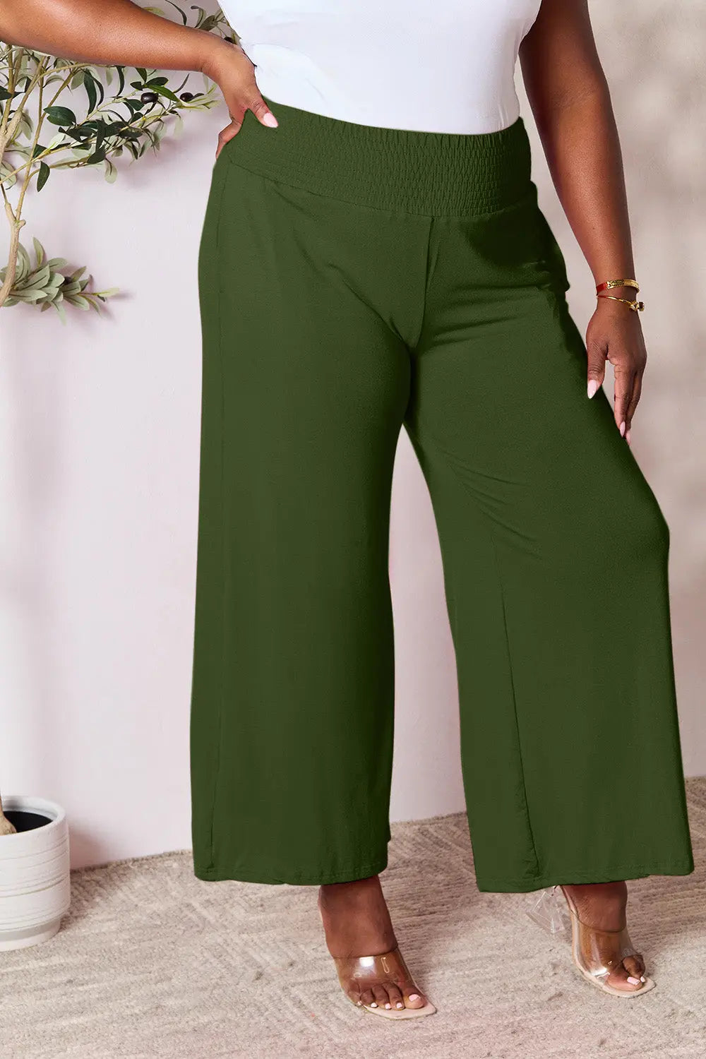 Double Take Full Size Smocked Wide Waistband Wide Leg Pants - Nikki’s Place