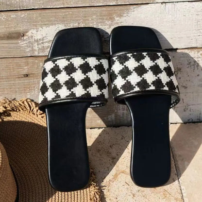 Plaid Open Toe Flat Sandals - Nikki’s Place