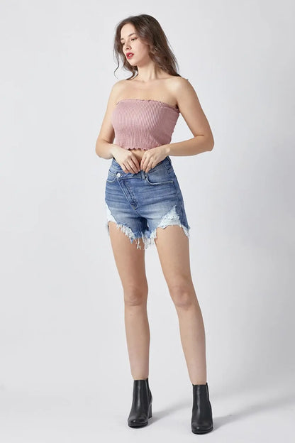 RISEN Raw Hem Asymmetrical Waist Denim Shorts - Nikki’s Place