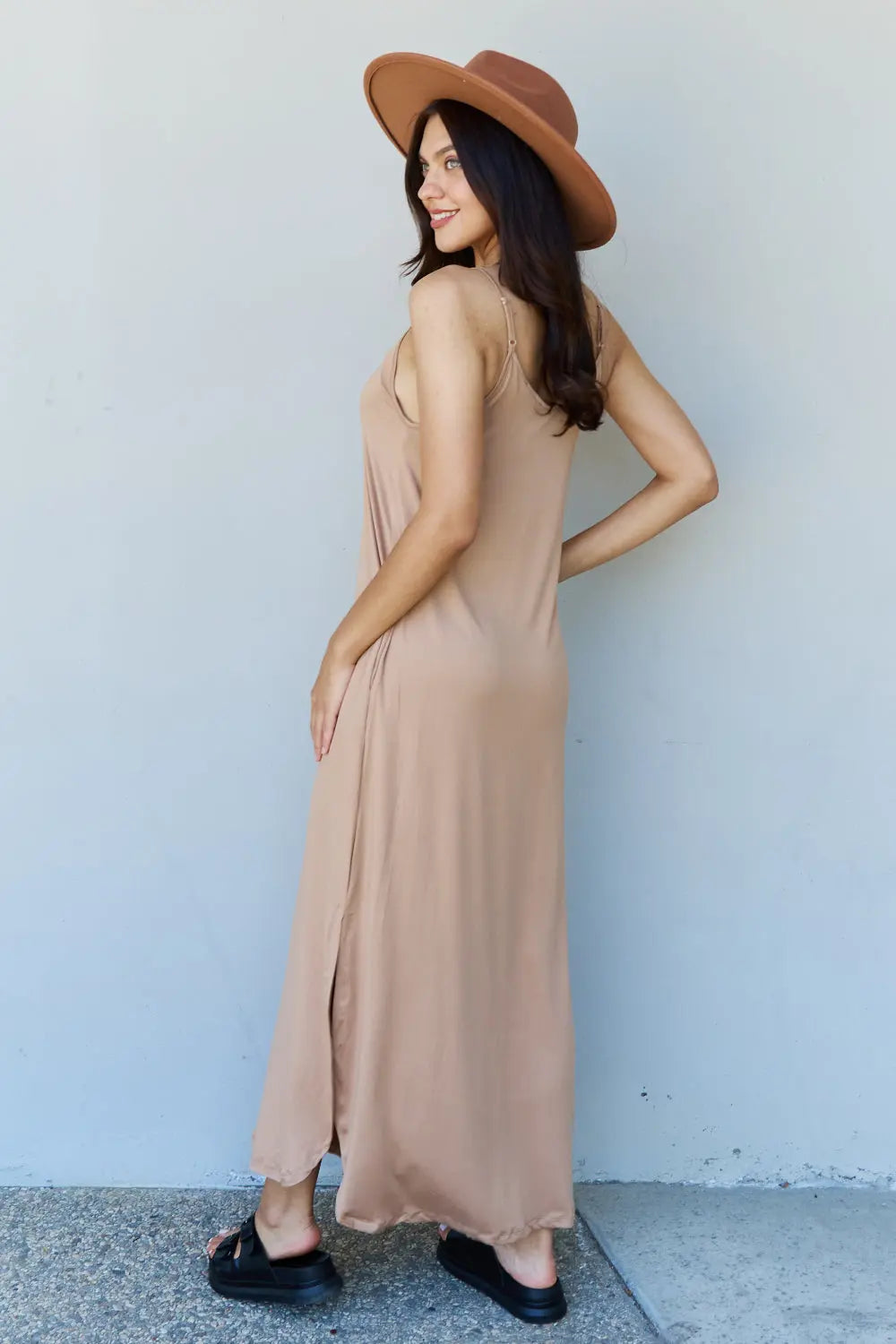 Ninexis Good Energy Full Size Cami Side Slit Maxi Dress in Camel - Nikki’s Place