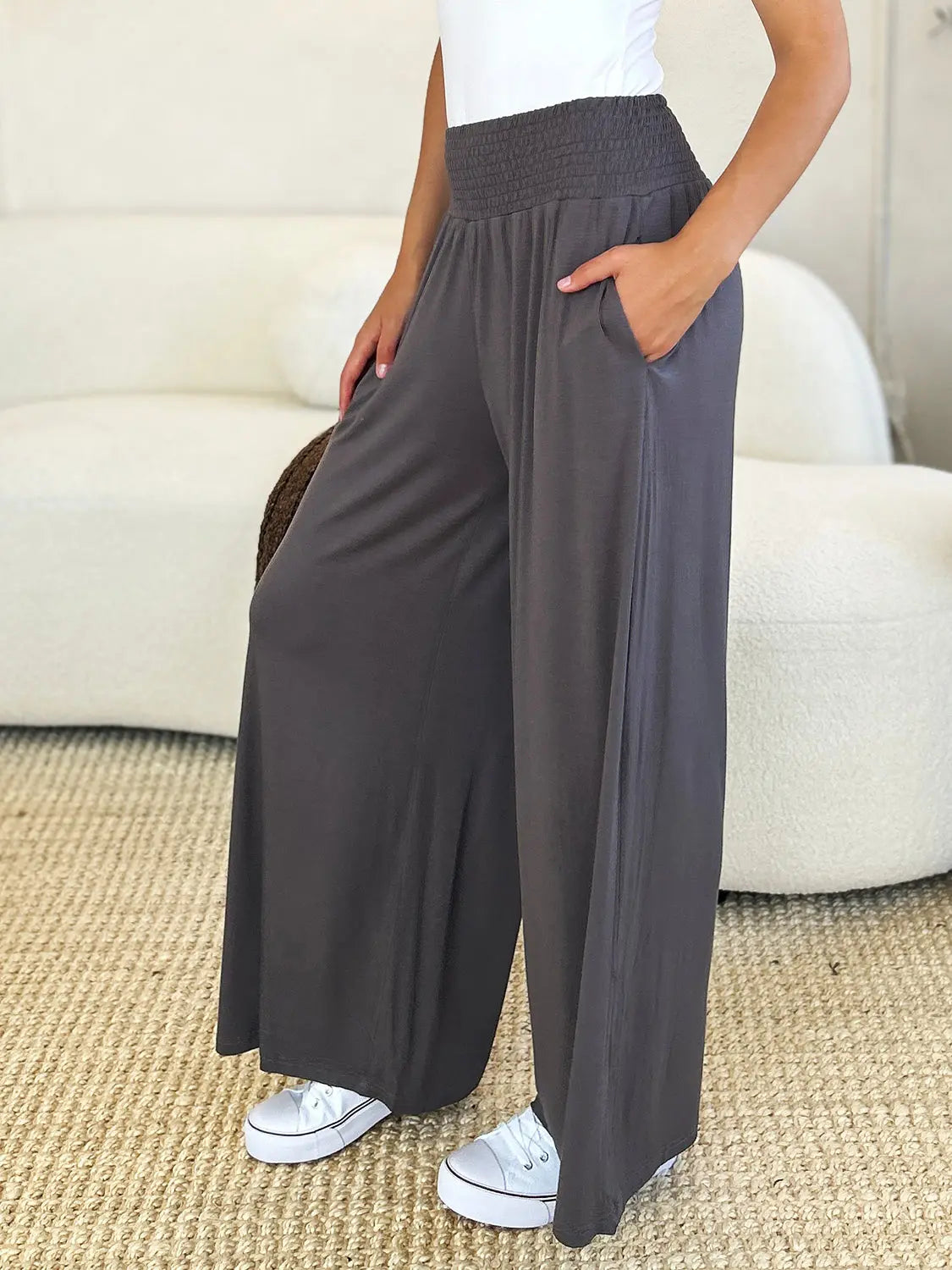 Double Take Full Size Smocked Wide Waistband Wide Leg Pants - Nikki’s Place